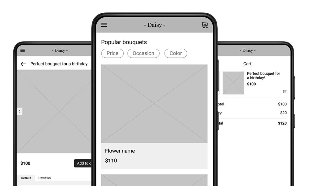 Screenshots of the wireframes of the application